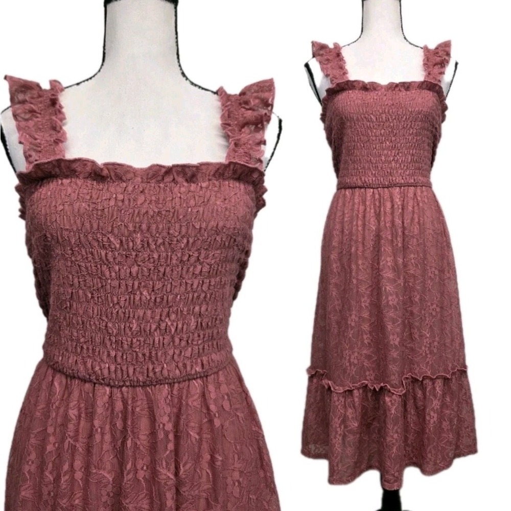 Midi Dress Pink Lace Floral Tiered Smocked Size L Boho Chic Cottage Summer 3271